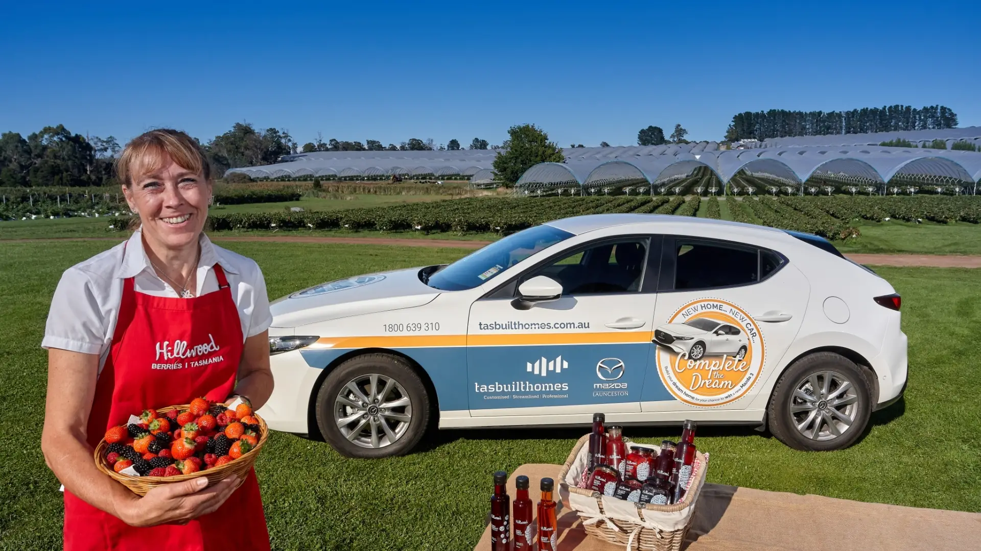 Fresh berries at Hillwood Berrie farm with Tasbuilt Homes Modular mazda3 car