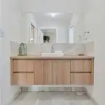 Modern Timber look vanity in modular home