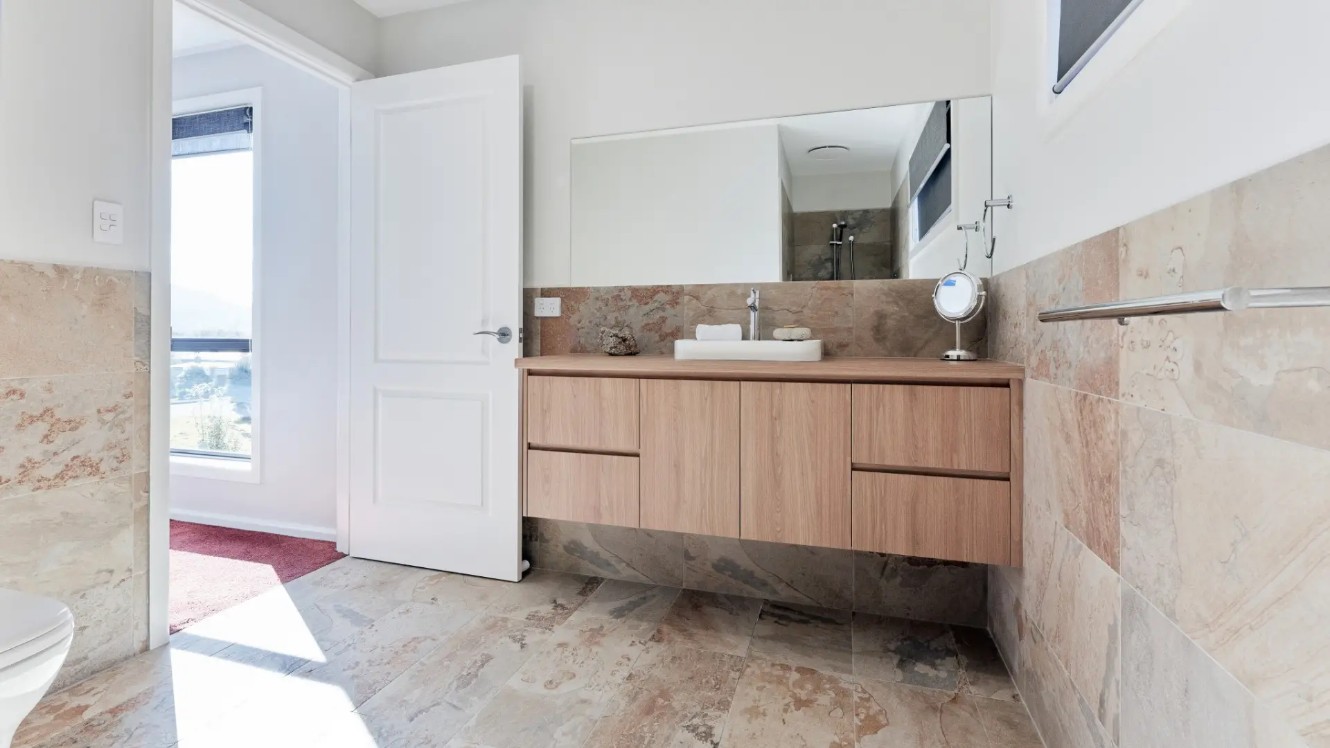 Modern Ensuite with timber look vanity