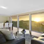 Living room with view of Tasmanian sunset