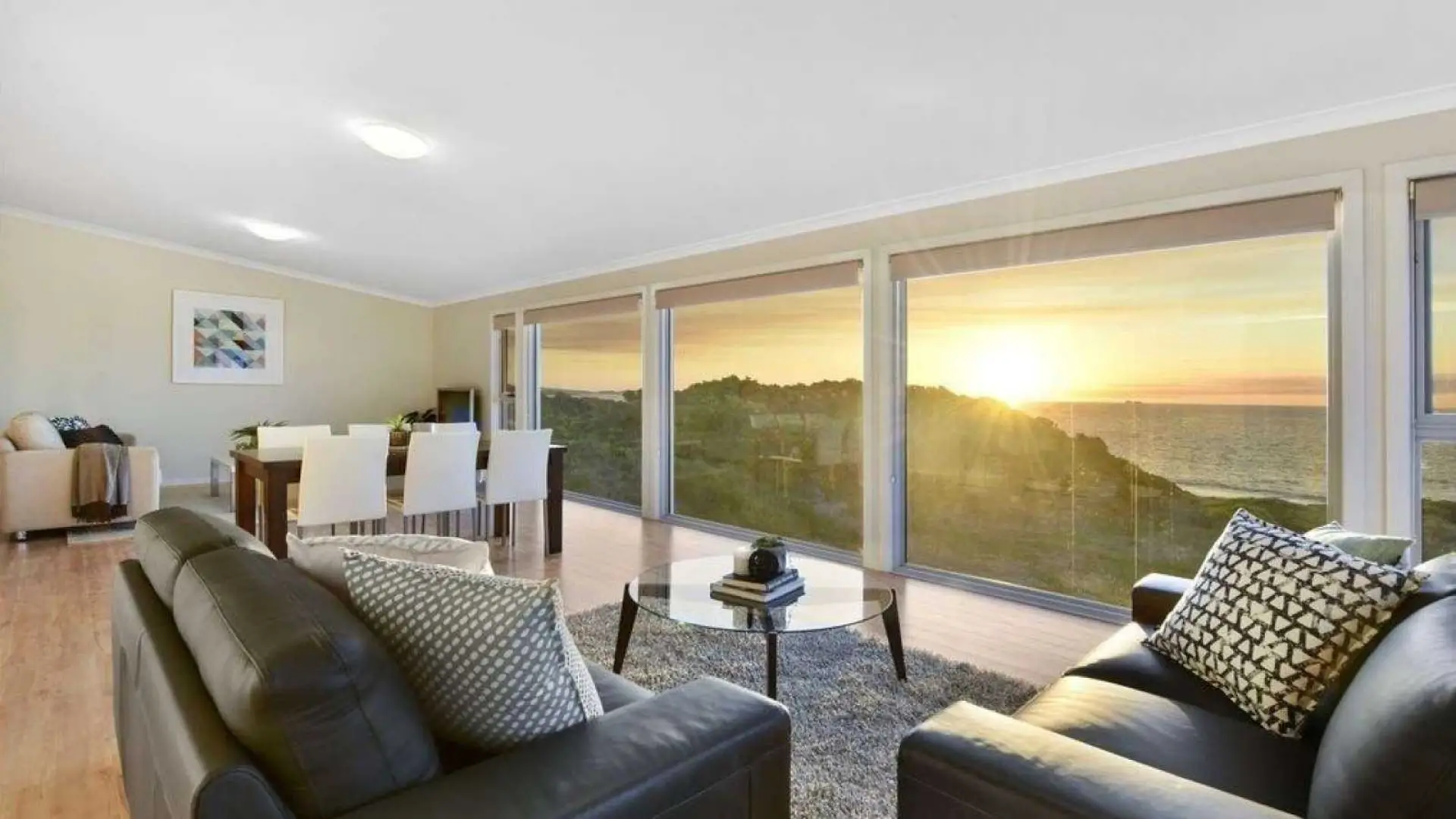 Living room with view of Tasmanian sunset