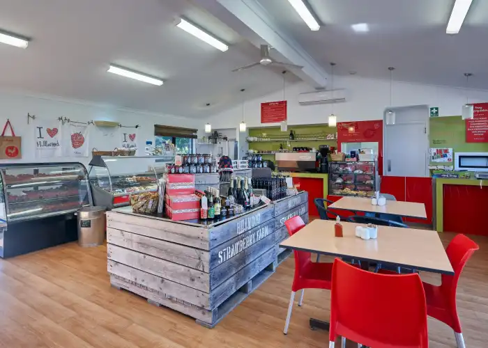 An internal view of the custom-built farm shop and café at Hillwood Berry Farm, showcasing the spacious retail layout.