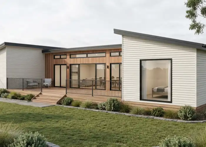 A digital render of the Apollo home design featuring a combination of white horizontal weatherboards and natural timber vertical cladding on the front corner.