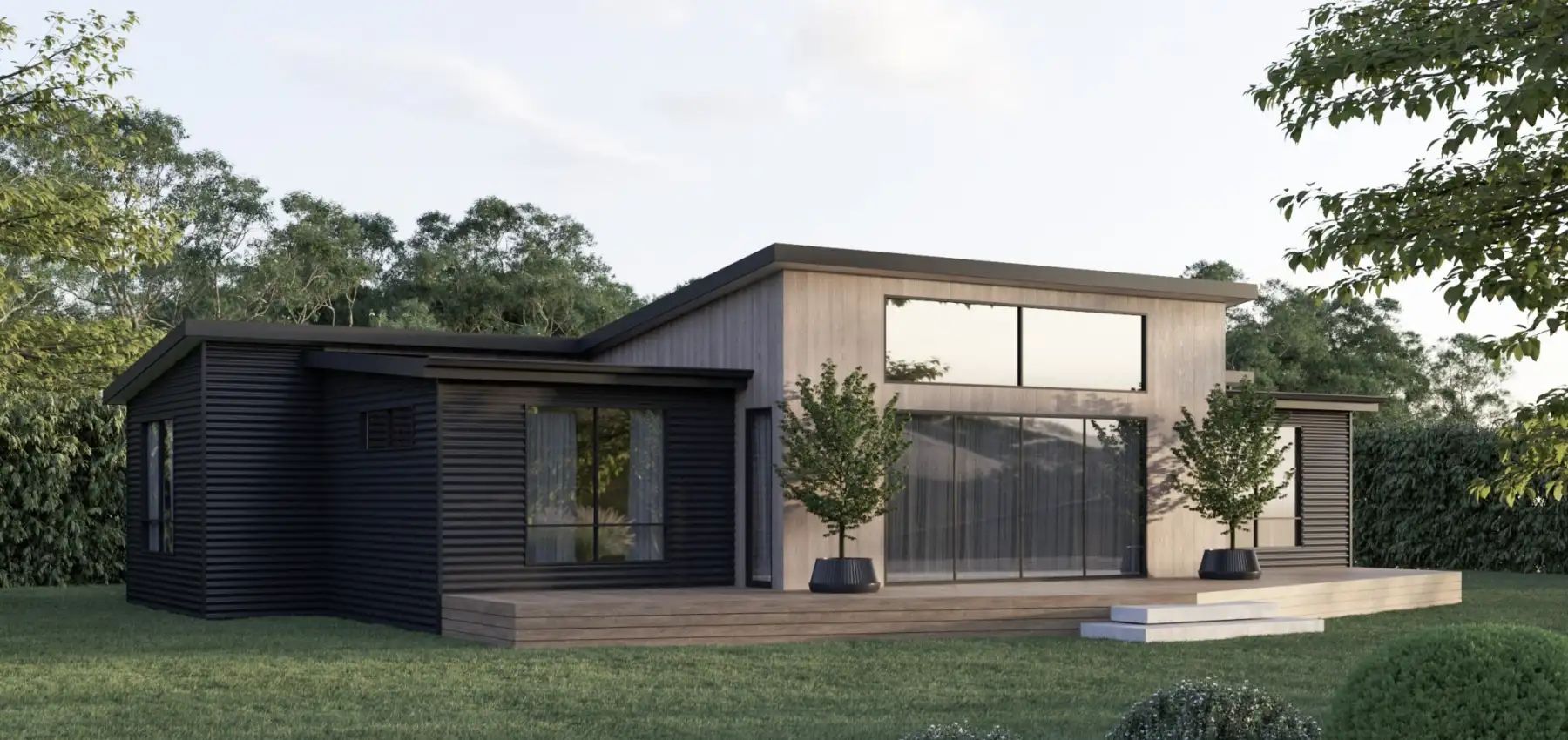 3D render of the Tasbuilt Homes Blackman design, showing the home's layout, exterior style, and deck orientation.