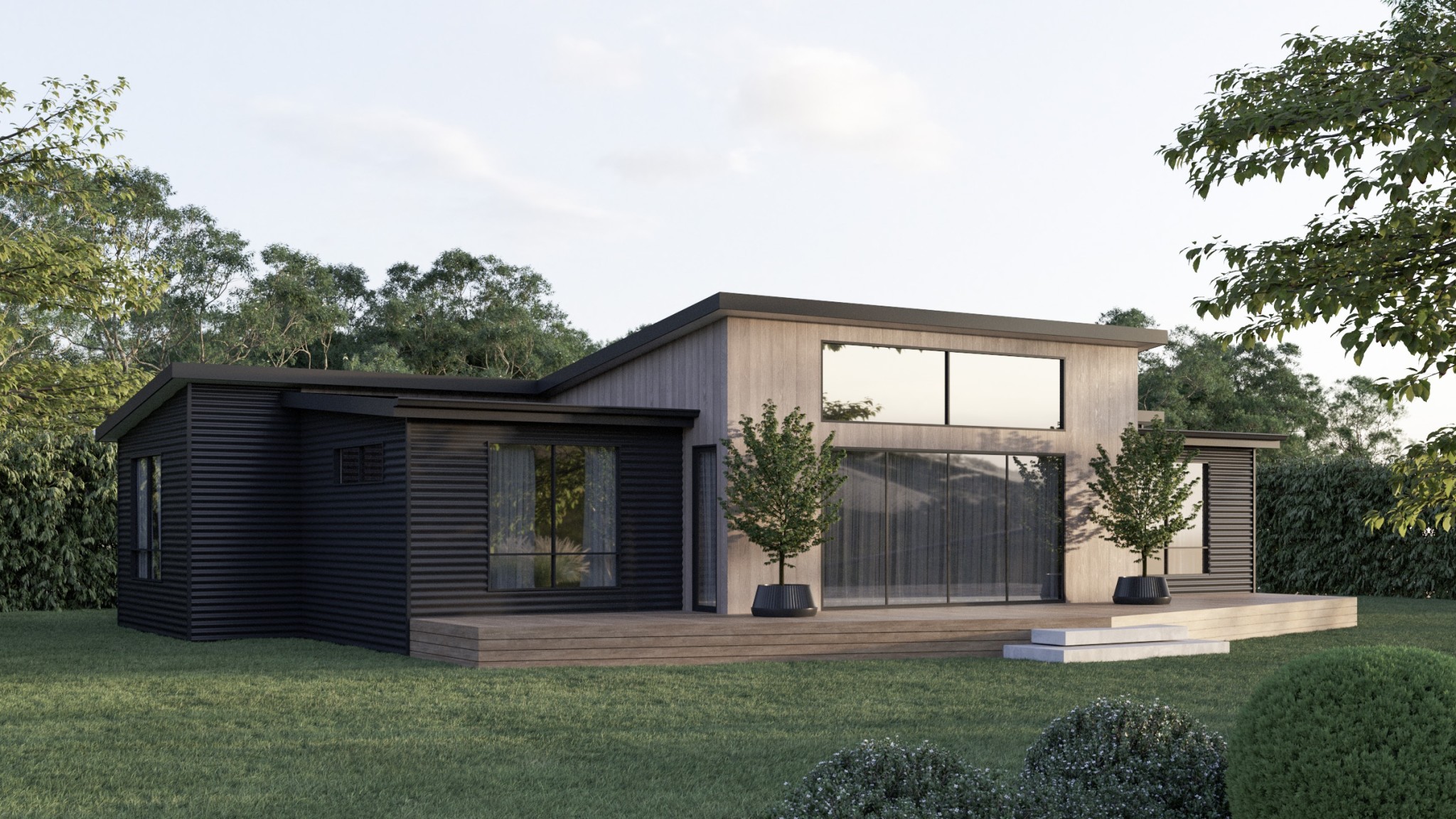 3D render of the Tasbuilt Homes Blackman design, showing the home's layout, exterior style, and deck orientation.